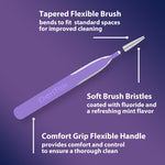 Illustration of a purple DenTek tapered flexible interdental brush with labeled features and arrows