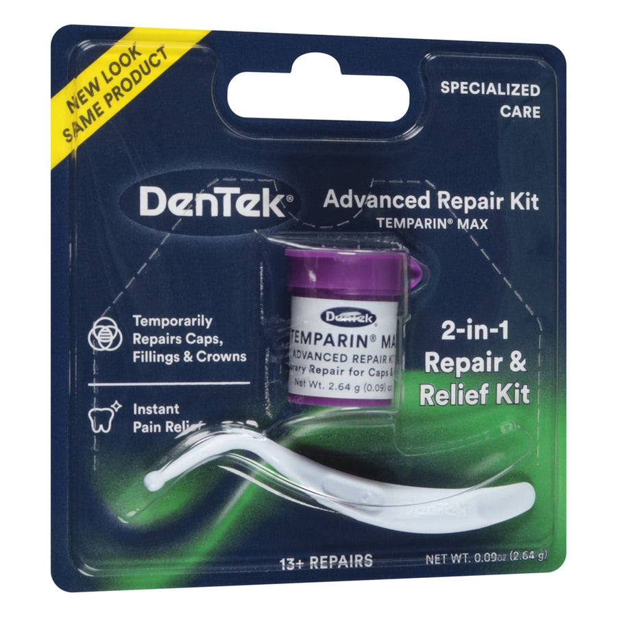 DenTek Temparin Max Advanced Repair Kit retail blister pack with purple repair cap and white applicator on navy backing