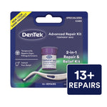 DenTek Temparin Max advanced repair kit retail blister pack with applicator and small repair jar visible on purple-green background