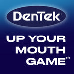 DenTek logo with bold marketing text ‘UP YOUR MOUTH GAME’ on a gradient navy-to-blue background