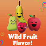 Playful illustration of smiling fruit characters above the text 'Wild Fruit Flavor!' on an orange background.