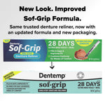 Comparison graphic showing old and new Dentemp Sof-Grip packaging with text about improved formula