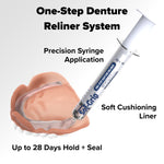Illustration of a syringe applying Dentemp Sof-Grip lining to a denture with product text
