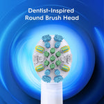 Closeup infographic of a round toothbrush head with colored bristles on a blue swirl background