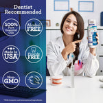 Lifestyle-style image of a smiling dentist pointing to a GuruNanda mouthwash bottle with product benefit icons down the left