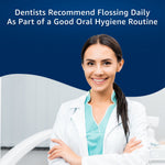 Smiling dental professional posing with arms crossed under header text recommending daily flossing as part of oral hygiene routine.