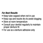 Instruction panel listing best results tips for denture adhesive including keep tube capped and store at room temperature