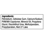 Ingredients label showing petrolatum, cellulose gum, calcium/sodium PVM/MA copolymer and other listed components