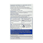 Back of denture cleanser box with usage directions, indications, numbered step illustrations and warnings text