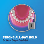 Illustration of lower dentures inside a circular frame with a padlock icon and text claiming 'Strong All-Day Hold'.
