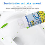 Close-up of a drain cleaner bottle tilted over a toilet bowl with floating green leaves and 'Deodorization' text.
