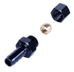 Derale black anodized 1/2in hose barb fitting shown with threaded nut and brass compression sleeve on white