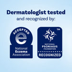 Graphic showing dermatologist-tested badges and seals from eczema and psoriasis organizations on a light blue background
