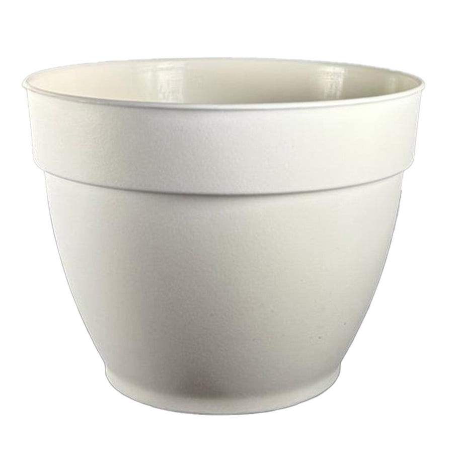 Cream-colored recycled plastic planter shown on white background, rounded tapered shape