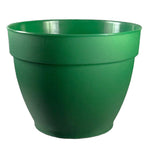 Green plastic Jacinto planter with flared rim and smooth textured finish, shown against white background