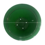 Top-down view of a green planter with a white horizontal line and text marking a 10-inch opening across the rim