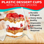 Clear plastic dessert cup with lid and spoon on a wooden surface alongside text callouts highlighting product features