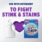 Graphic showing laundry detergent jug beside an OxiClean Odor Blasters box with message to fight stink and stains
