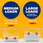 Graphic showing two measuring cups of powdered detergent with guidance for medium and large loads and fill lines