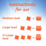 Graphic showing dosing instructions with icons for medium, large, and x-large loads using detergent pac illustrations
