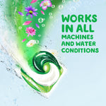 Illustration of a dissolving green-and-white detergent pac with bubbles and ‘works in all machines’ text