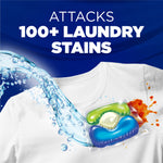 Illustration of a detergent pod and water splash on a white shirt with text claiming it attacks 100+ laundry stains