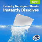 Graphic of a laundry detergent sheet dissolving in water with headline 'Instantly Dissolves' and HE logo