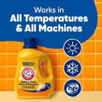 Yellow ARM & HAMMER detergent bottle on a tiled background with icons and text 'Works in All Temperatures & All Machines'.