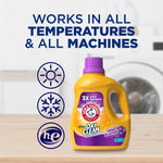 Detergent bottle on a wooden surface with text 'WORKS IN ALL TEMPERATURES & ALL MACHINES' and washing machine backdrop