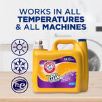 Yellow Arm & Hammer plus OxiClean detergent jug on a wood surface with icons and headline claiming it works in all temperatures and machines