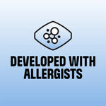 Blue gradient panel with molecular-style icon above bold text reading “Developed with Allergists”