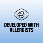 Blue gradient graphic reading 'Developed With Allergists' with molecular icon above text