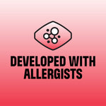 Pink gradient square graphic with icon and bold text reading 'Developed With Allergists' on a solid background.