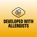 Graphic badge and text reading "Developed with Allergists" on a yellow gradient background