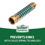Diagonal studio shot of a metal kink-free hose connector showing both brass fittings and coiled spring