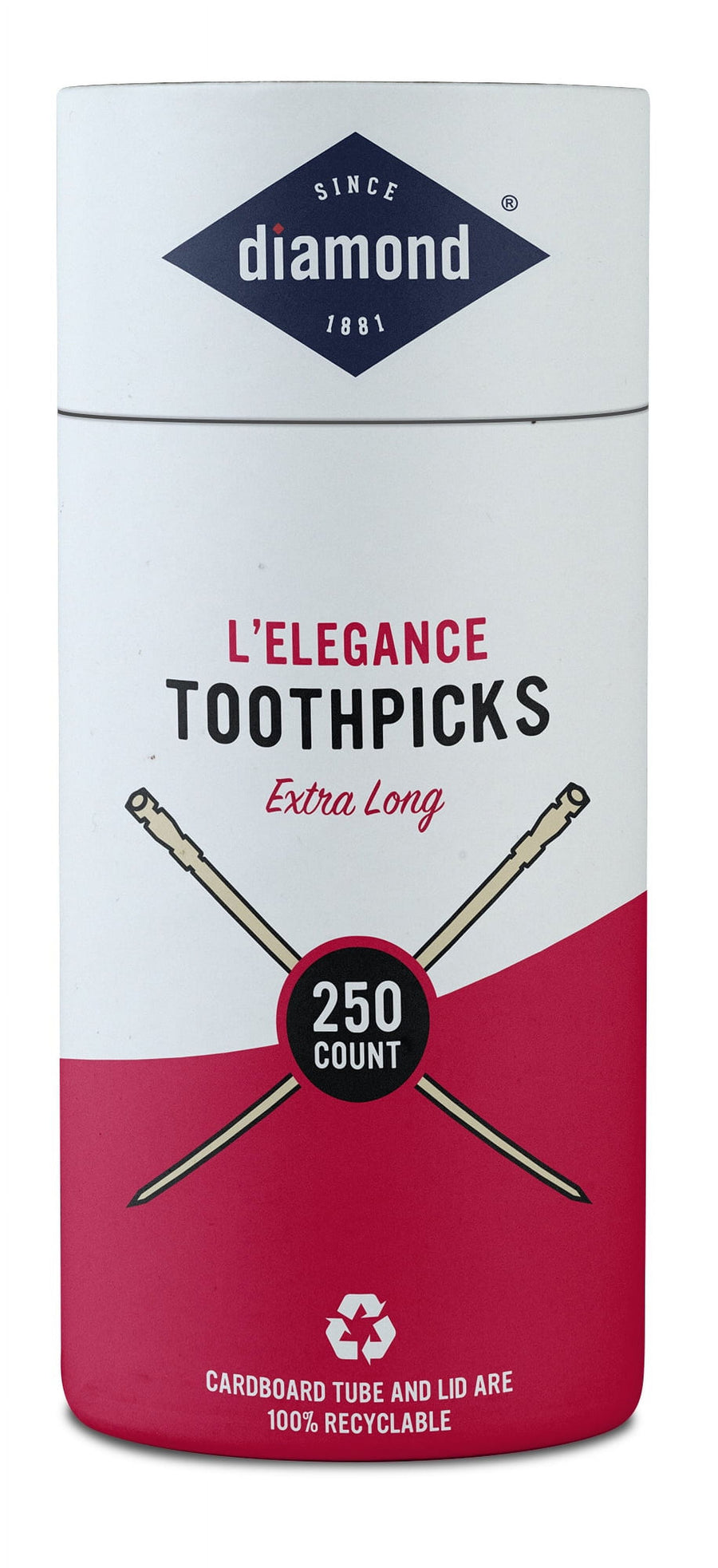 Front view of a Diamond L'Elegance tube labeled toothpicks extra long with 250 count badge
