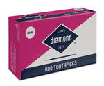 Angled view of Diamond toothpick box showing pink, white and navy packaging with brand logo and “800 toothpicks” label