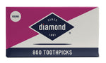 Rectangular Diamond branded box for round toothpicks with navy diamond logo and “800 TOOTHPICKS” text
