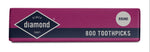 Long narrow side of Diamond toothpick box with pink band, logo and “800 TOOTHPICKS” text