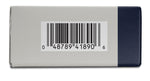 End panel of toothpick box showing a printed barcode on gray and navy packaging