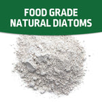 Close-up pile of fine white diatomaceous earth powder beneath a green banner reading 'Food Grade Natural Diatoms'