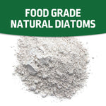 Close-up pile of off-white diatomaceous earth powder beneath a green banner reading “Food Grade Natural Diatoms”