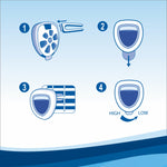 Illustrated four-step instruction panel showing how to attach the diffuser to a vent and adjust the scent control from high to low.
