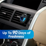 Round black vent-mounted diffuser clipped into a car air vent next to dashboard and beige seat, showing blue scent capsules