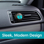 Refresh Your Car black-and-teal mini diffuser mounted on a horizontal car vent above a banner reading Sleek, Modern Design