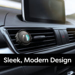 Mini diffuser clipped to a car vent in a dashboard lifestyle shot with a “Sleek, Modern Design” banner below.