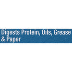 Graphic statement on blue background reading “Digests Protein, Oils, Grease & Paper.”