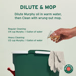 Instruction graphic showing hand pouring cleaner into a bucket with dilution ratios for dilute and mop use