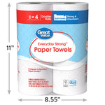Great Value Everyday Strong two-roll paper towel pack with arrows showing 11" height and 8.55" width dimensions.