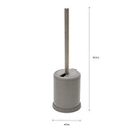 Grey toilet brush and holder shown with vertical dimension lines and measurements indicating overall height and base width